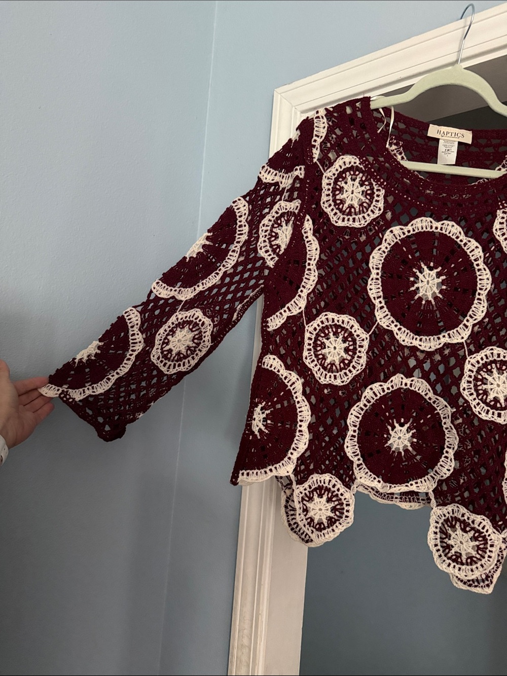 Haptics Women's Burgundy Crochet Pullover with Cream Motifs - Picture 2 of 4